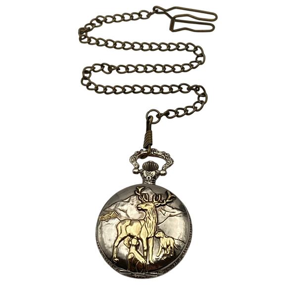 Milan Pocket Watch Mens Full Hunter 3D Deer Front - New Battery - Has Chain Clip - Picture 1 of 10